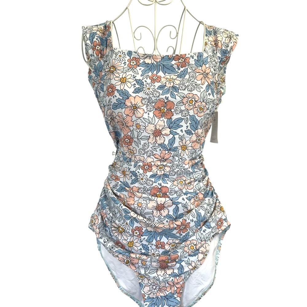 B2PRITY Swimsuit Women Large Blue Floral One Piece Ruched Tummy Control Ruffle
